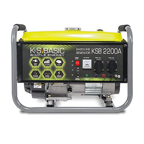 Groupe électrogène à essence KSB 2200A, puissance maximale 2200W, démarrage manuel, puissance moteur 5,5 CV, régulateur AVR, voltmètre, 2x16A (230V), sortie 12V, alternateur en aluminium