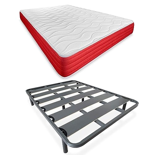 DUÉRMETE ONLINE Lit Complet avec Matelas Lite réversible (Face Hiver/été) + sommier renforcé 40 x 30 mm avec 4 Pieds métalliques filetés, 90 x 190 cm