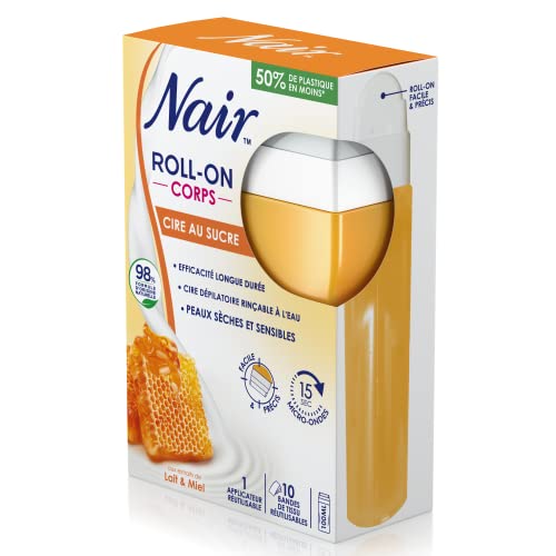 NAIR - Roll-On Cire au Sucre, aux extraits de Lait & Miel, spéciale Peaux Sèches & Sensibles, avec 10 Bandes Réutilisables Rinçables à l'Eau, Roll-On de 100ml