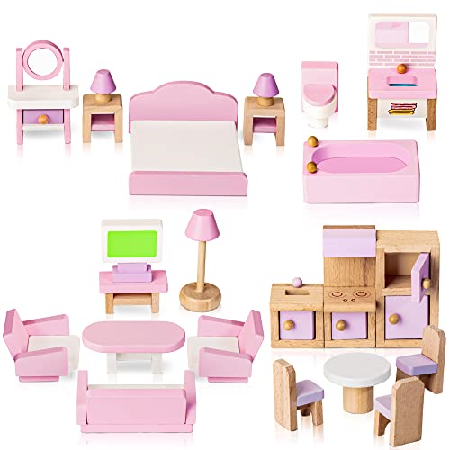 Kit de Meubles de Maison de poupées en Bois 5 pièces 22 pièces Miniature Maison de poupées Accessoires y Compris la Cuisine, Salle à Manger,Salon,Chambre,Salle de Bains pour Maison de Jeu