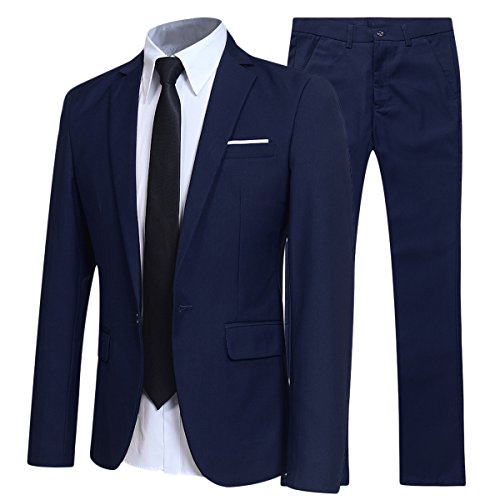 Costume Homme d'affaire en cérémonie Mariage Veste et Pantalon Deux pièce Slim fit,Bleu Marine,XL