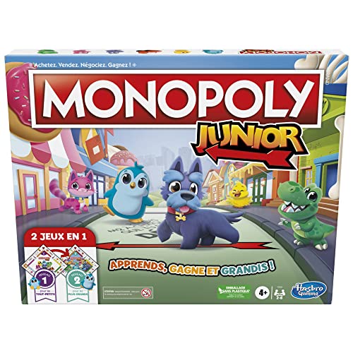 Hasbro Gaming Jeu de société Monopoly Junior, plateau de jeu recto-verso, 2 jeux en 1, jeu Monopoly pour jeunes enfants ; jeux pour enfants, jeux juniors (version française)