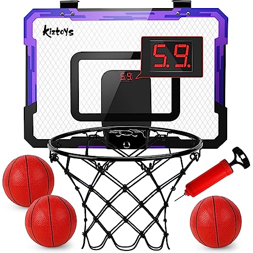 Kiztoys Panier de Basket Enfant, Mural Portable Interieur Exterieur avec Tableau d'affichage électronique 3 Ballons et Pompe à Air, Jeux de Basketball Jouets Cadeau pour Garçons Filles