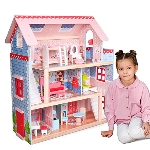 Infantastic® XXL Maison de Poupée - 60,5x71x32,5cm, 3 Étages, en Bois, Lumières LED, Accessoires Inclus - Jouet Enfant, Cadeau Enfant