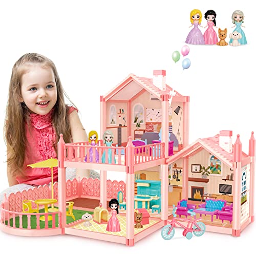 deAO Maison de Poupee 3D, 2 étages, 3 Chambres, 3 Poupées, 17 Meubles, pour Filles 3+