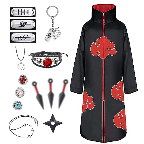 JMOCD Déguisement Akatsuki Hidan Itachi Costume Halloween Adulte Enfant Cape, Akatsuki Cosplay Anneau Bandeau Bague Collier Accessoires Carnaval Tenue Manga pour Homme Femme Fille Garcon (S)