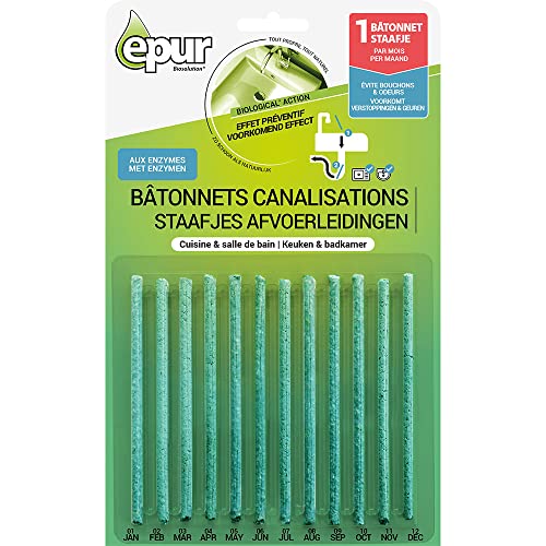 Epur - Bâtonnets Entretien Canalisations, pour 1 an de traitement, bâton pour tuyaux de canalisation des éviers cuisine et sdb, Prévient les mauvaises odeurs et bouchons, 12 x 2 g