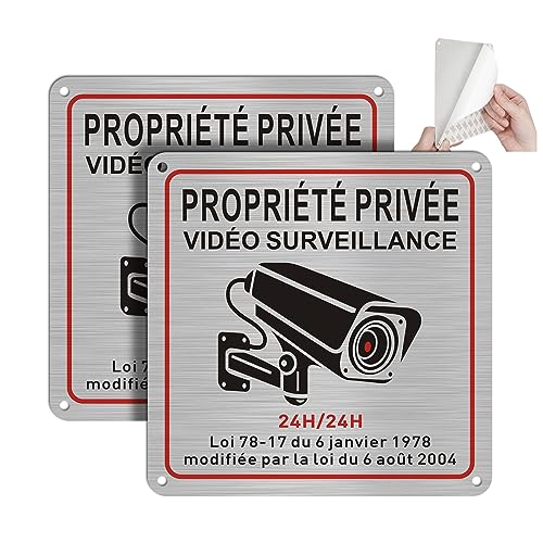 DAOUZL Panneau Camera, Propriété Privée sous Surveillance Vidéo, 15x 15cm, Intérieur/Extérieur, Aluminium, avec Autocollant et Trous Pré-percés (2)