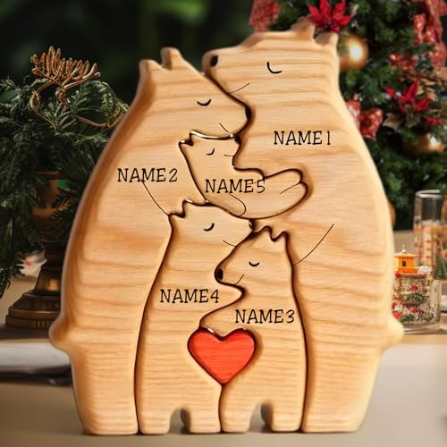 VEELU Ours De Puzzle Famille en Bois Personnalisé Prénom 1-8, Puzzle d’Art en Bois, Puzzle Animal, Décoration De Bureau, Cadeau pour la Famille Texte Artistique personnalisé, Cadeau de Noel