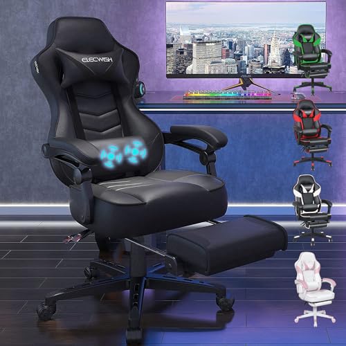 YU YUSING Chaise Gaming Ergonomique Racing Chaise de Bureau avec Réglage de Hauteur, Repose-tête et Soutien des Lombaires, PU Cuir avec Repose-Pieds Rétractable, Noir