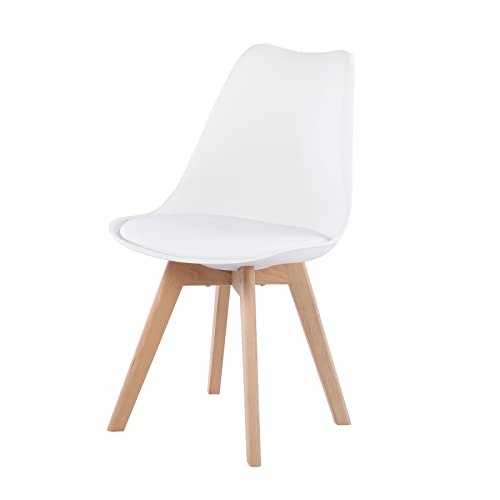 EGGREE Lot de 1 Chaises de Salle à Manger SGS Tested, Chaise Rembourrée de Cuisine, Rétro Chaise Scandinaves de Bureau avec Pieds en Bois de Hêtre Massif, Blanc