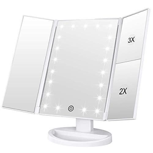 WEILY Miroir de Maquillage, 1x /2x/3x Miroir de Maquillage à Trois Volets avec 21 lumières LED et Miroir réglable à écran Tactile Miroirs de comptoir cosmétiques (Blanc)