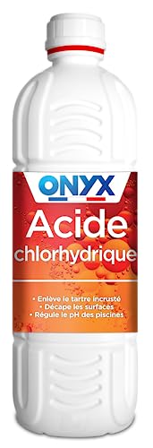 Onyx - Acide Chlorhydrique 23% - Décapant, Détartrant WC, Canalisations et Métaux, Produit Nettoyant Multi-Surface, Carrelage, Terre Cuite, Cuivre - Régulateur PH Piscine - Fabrication Française - 1L