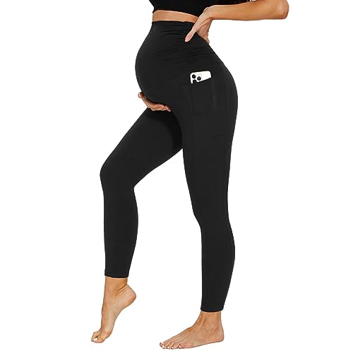 DDOBB Legging de grossesse pour femme avec poches, taille haute, opaque, doux et élastique, mode de maternité, maison, yoga, sport, Noir , L