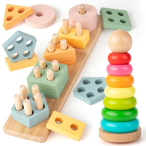 EFO SHM Jouet Montessori pour Bébé, Tour d'Empilage en Bois et Puzzle Jouet de Motricité, Jouet pour Bébé 1, 2, 3 Ans