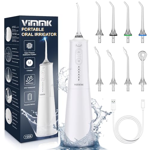 VIMMK Jet Dentaire Hydropulseur et Irrigateurs Oral avec 5 Modes de Pression d'eau et 8 Embouts Remplaçables, Rechargeable et Étanche IPX7, Réservoir 300ML (Blanc)