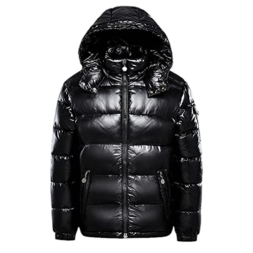 Earnmore Veste chaude en duvet pour homme - Couleur unie - Veste d'hiver à capuche - Fermeture éclair - En métal brillant, Noir, M