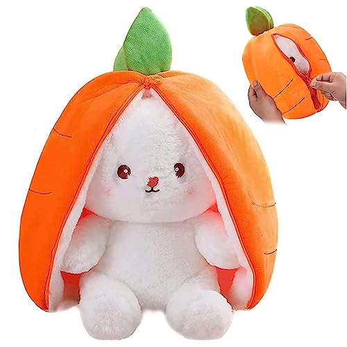 TOGETDREAM Peluche Lapin de Pâques, 25cm Douceur Carottes Fraises Poupée À Cache-Cache Oreiller en Peluche pour Les Enfants de Plus de 12 Ans (Jaune)