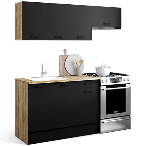 IDMarket - Cuisine complète 180 cm SUBTIL avec plan de travail 5 éléments bois et noir