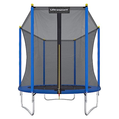 Ultrasport Trampoline de jardin Uni-Jump, trampoline pour enfants, Ø 183 cm, set de trampoline complet comprenant tapis de saut, filet de sécurité, poteau de filet rembourré et couvre-bord, Bleu