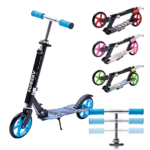 Arebos Trottinette pour Adultes et Enfants | Bleu | Pliable et à Hauteur Ajustable | Roues XXL | Sangle de Transport | Plateau antidérapant | Frein à pédale | Charge maximale 100 kg