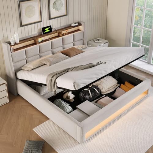 Lit rembourré 180x200cm avec USB, Cadre de lit Double LED en métal avec sommier à Lattes Structure en Tissu de Lin pour,Adulte Lit Rangement (Matelas Non Inclus) Beige