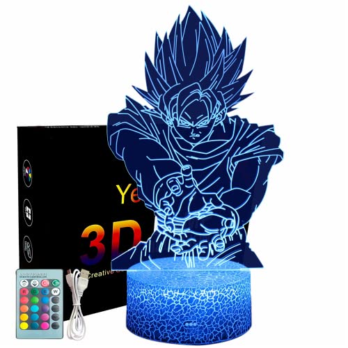 Yelyung Goku Veilleuse 3D pour Enfants,Lampe Enfants Anime,Veilleuse Goku Anime,Télécommande 16 Couleurs Changeantes 3D Illusion Veilleuse,Art Déco Illusion Lampe,Enfants Noël Anniversaire Cadeaux