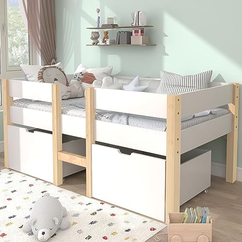 Sweiko Lit 90x200 cm,Cadre de lit pour Enfant en Bois Polyvalent avec barrière de sécurité, pour garçons et Filles,Cadre de lit en Bois Massif avec Deux tiroirs de Rangement, Blanc