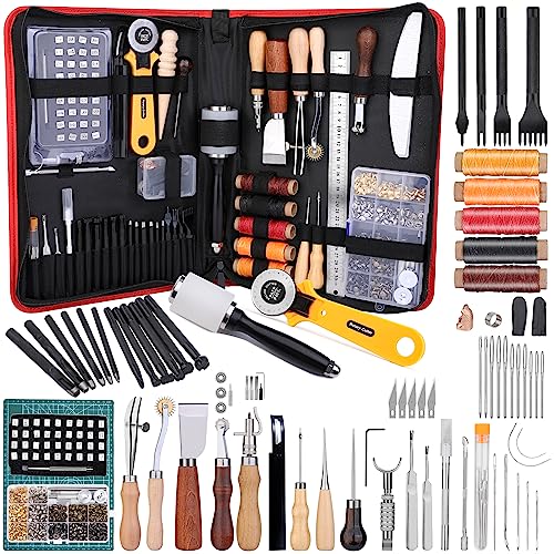 Kuppt Outils de travail du cuir, kit d'artisanat du cuir, kit d'outils en cuir avec outils d'estampage du cuir, kit de rivets en cuir, tapis de découpe Groover, sac de rangement