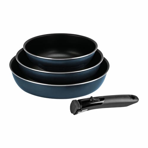 Sitram 714253 Lot de 3 Poêles Aluminium pressé Ø 20/24/28 cm - Revêtement intérieur anti-adhésif 2 couches - Coloris Bleu métal mat - Manche amovible SITRAMOVIBLE - Tous feux dont induction