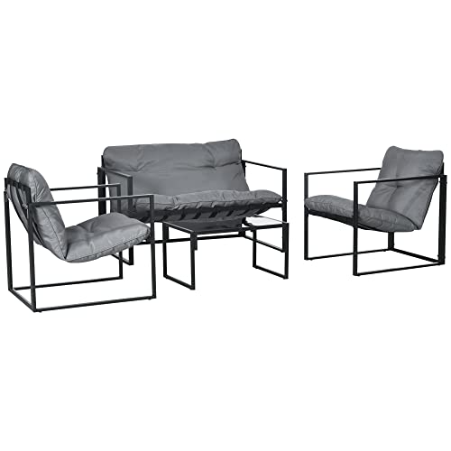 Outsunny Salon de Jardin Meuble de Jardin 4 pièces pour 4 Personnes avec canapé 2 Places, 2 fauteuils et 1 Table Basse 3 Coussins pour terrasse Jardin - Polyester Noir Gris Acier