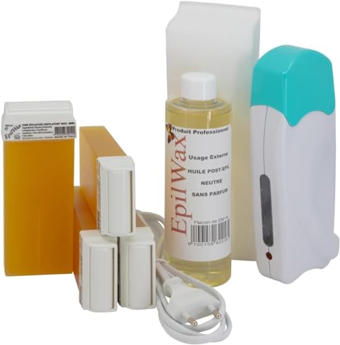 EpilWax - Kit Chauffe Cire Épilation Professionnelle avec 4 x Recharges Roll on Cire Miel, 100 x Bandes d'Épilation et Huile après Épilation - Gamme Solo Basique