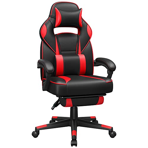 SONGMICS Fauteuil de Bureau, Chaise Gaming, RÉglable, Repose-Pieds TÉlescopique, MÉcanisme À Bascule, Appui-tÊte, Support Lombaire, Charge 150 kg, Noir d'encre et Rouge Fraise OBG73BRV1