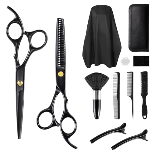 Ciseaux Coiffure Set, Ciseaux à Effiler Professionnel Hair Cutting Scissors kit pour Homme Femme Enfant, Cape de Coiffure, Peigne, Barrette, Accessoires de coiffure pour Cheveux et Barbe