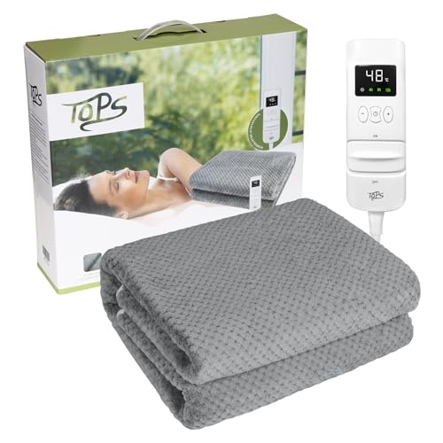 TOPS Couverture électrique Simple chauffante 150 x 80cm, 18-48℃ Réglage de la Chaleur, 3 Niveaux de minuterie d'arrêt Automatique, Protection Contre la surchauffe, Lavable en Machine