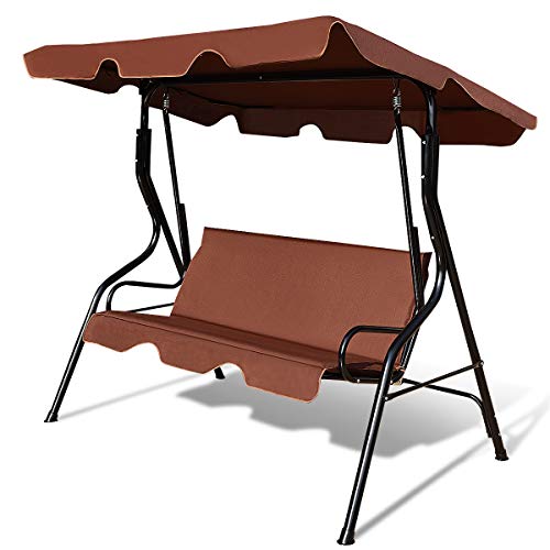 Costway Balancelle de Jardin 3 Places avec Toit Imperméable Capacité de Charge 240 KG, Balancelle Extérieure Toit Réglable, Idéal pour Jardin, Terrasse, Balcon, 170 x 110 x 153 CM (Café)