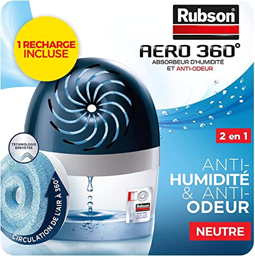 Rubson AERO 360° Absorbeur d'humidité pour pièce de 20 m², déshumidificateur d'air efficace, anti odeur & anti moisissure, inclus 1 recharge neutre 450 g - Packaging renforcé, envoi en toute sécurité