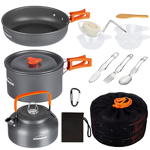 OVERMONT Kit de Casseroles Camping 14pcs Poêlé Set en Aluminium Durable, Ensemble Gril Pot Pratique de Pique-Nique avec Cafetière Théière pour Randonnée