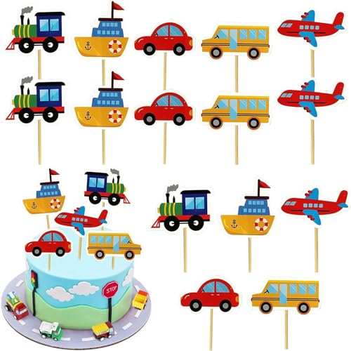 Lot de 30 décorations de gâteau pour voiture, bus, train, avion, bateau, décoration de gâteau d'anniversaire pour enfants, décoration de gâteau de voiture, décoration de gâteau, transport