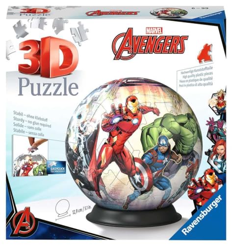 Ravensburger - Puzzle 3D Ball - Marvel Avengers - A partir de 6 ans - 72 pièces numérotées à assembler sans colle - Support inclus - Diamètre : 13 cm - 11496, Bleu