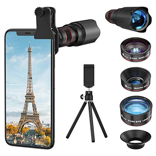 Selvim Kit d'Objectif Smartphone, Téléobjectif x22, Objectif Macro x25, Objectif Fisheye 235°, Objectif Grand Angle x0.62, Lentilles Blu-Ray, Photographie Amusante, Compatibilité Universelle