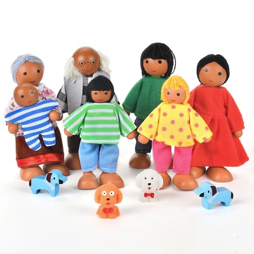 Aolso Famille de Poupée avec en Bois, 7 Pièces Ensemble Famille Poupées avec 4 Chiens, Maison Poupee en Bois Meubles de Salon Miniature Jouet Enfant Set de Famille Figurines pour Maison de Poupée