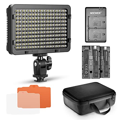 Neewer Kit de 176 Lampe Vidéo LED Dimmable: 176 Panneau LED 3200-5600K, 2 pcs Batterie Li-ION Rechargeable, Chargeur USB et Etui de Transport pour Canon, Nikon, Pentax, Sony DSLR