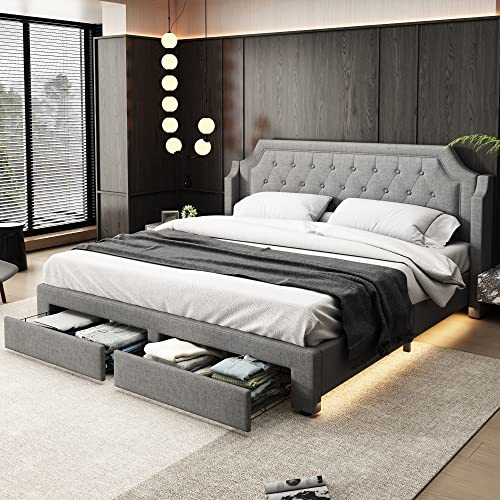 Sweiko Lit double rembourré à LED 180 x 200 cm avec sommier à lattes en bois et tête de lit, 2 tiroirs, Pour adultes et adolescents, Montage facile, Lin, Gris