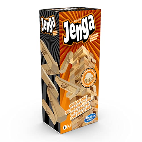 Hasbro Gaming Jenga, Jeu de société en Bois, Jeu de Voyage pour Enfant et familles, Version française, Jeux d'été, Idées Cadeaux d'anniversaire, À partir de 6 Ans