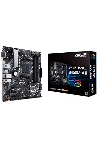 ASUS PRIME B450M-A II Carte mère AMD B450 Ryzen AM4 micro ATX (M.2 support, HDMI/DVI-D/D-Sub, SATA 6 Gbps, 1 Gb Ethernet, USB 3.2 Gen 2 Type-A, BIOS FlashBack, Aura Sync RGB)