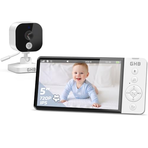 GHB Babyphone Camera 5" Camera Bebe 720P HD 5000mAh Écran IPS Vision Nocturne VOX Capteur de Température