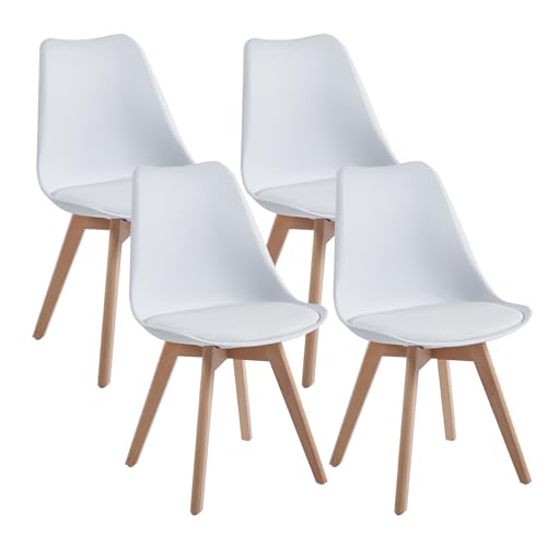 DEWINNER Chaises de Salle à Manger scandinave, Chaise de Bureau rétro, Assise rembourrée en hêtre Massif (Blanc, Lot de 4)
