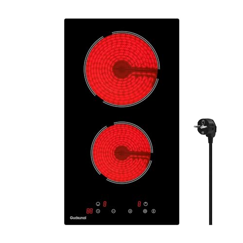 Gudsunal Plaque Vitrocéramique 2 Feux Encastrable, 3000W, 9 Niveaux de Puissance, Minuteur, Arrêt Automatique, Verrouillage Enfant, Indication de Chaleur Résiduelle,Table de Cuisson à 2 Feux,Noir mat