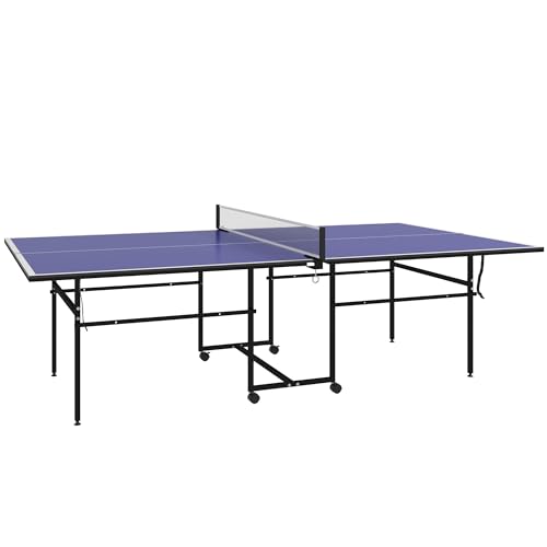 SPORTNOW Table de Tennis de Table ping-Pong Pliable compacte avec 4 roulettes pour intérieur et extérieur, 274L x 152,5l x 75,5H cm Bleu